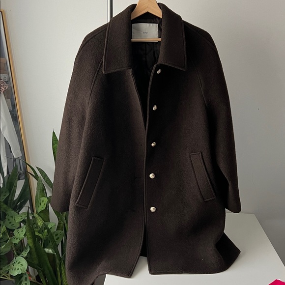 Dunst Boucle Wool Half Coat Brown Relaxed Loose Fit Gold Button Wool Coat Jacket - Picture 4 of 10
